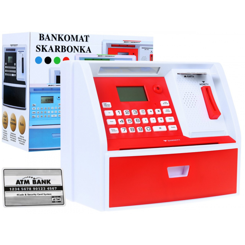 Bankomat s kartou Pokladnička pro děti 3+ červená Interaktivní funkce + spořicí režim