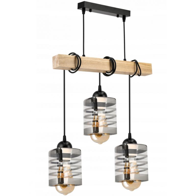 Závěsné stropní svítidlo LED dřevěný trámový 3xE27 loft skleněné pásy