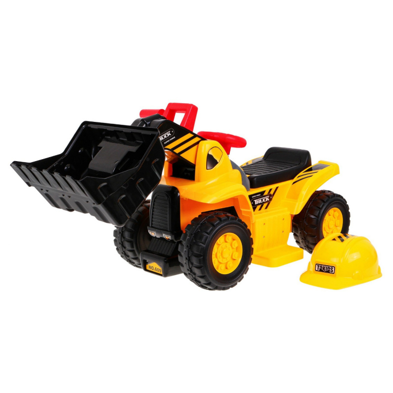 Buldozer na baterie pro děti Jezdec + helma + pohyblivý kbelík + zvuky