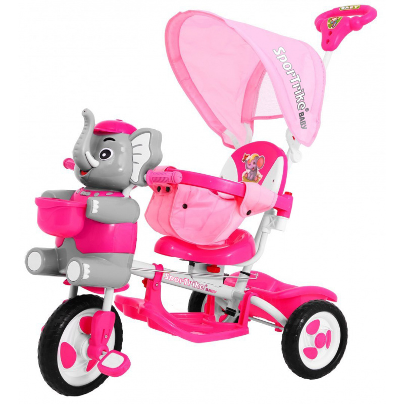 dětské tříkolové kolo Elephant Pink + zvuky + stříška + zábrana + opěrka nohou + rukojeť + ližiny + úložný prostor