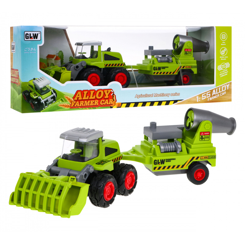 Zemědělský nakladač pro děti 1:55 Traktor s traktorem + přívěs s postřikovačem do sadu